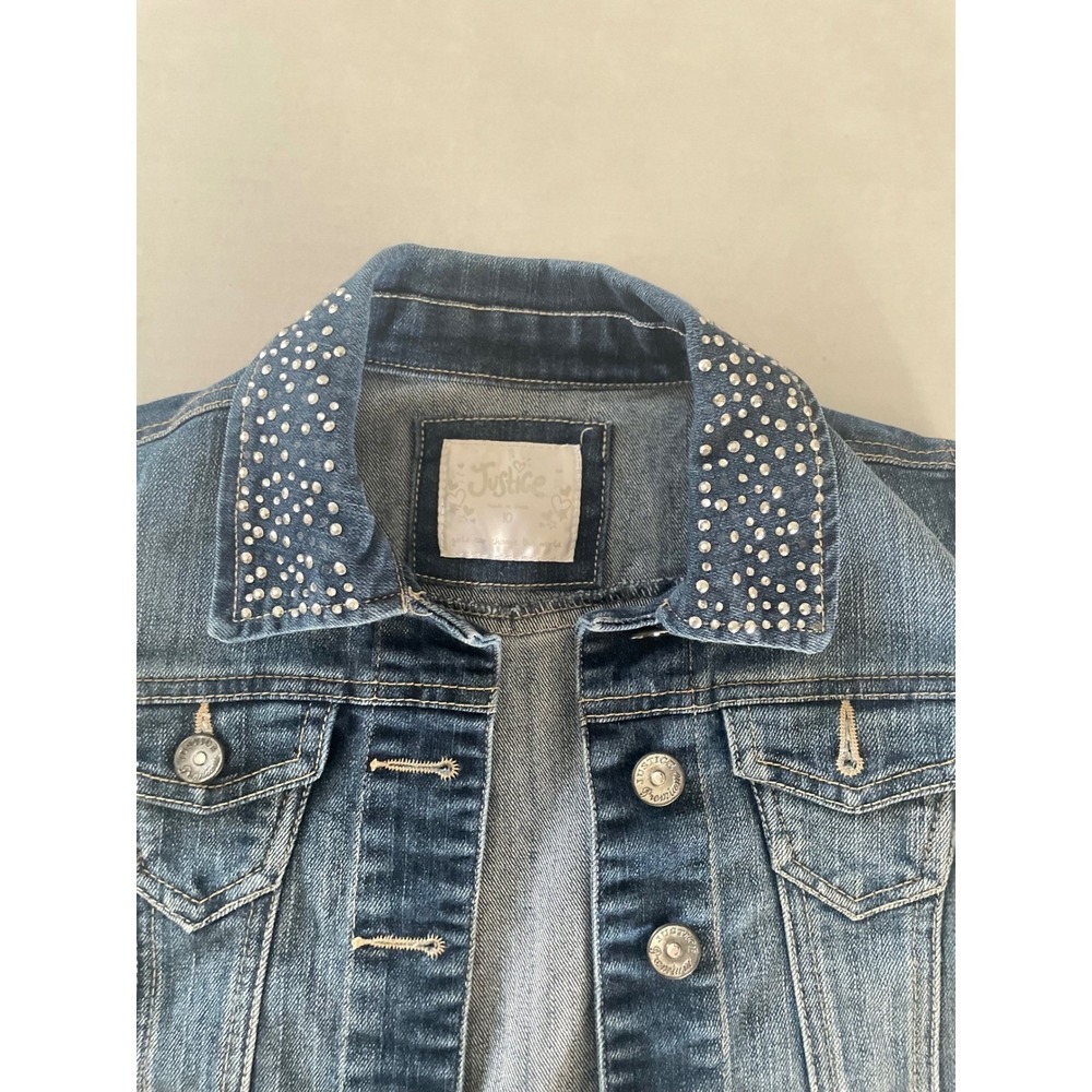 Justice Girls Blue Denim Vest Rhinestone Collar Cropped Jean Jacket Casual Sz 10 - Picture 3 of 8
